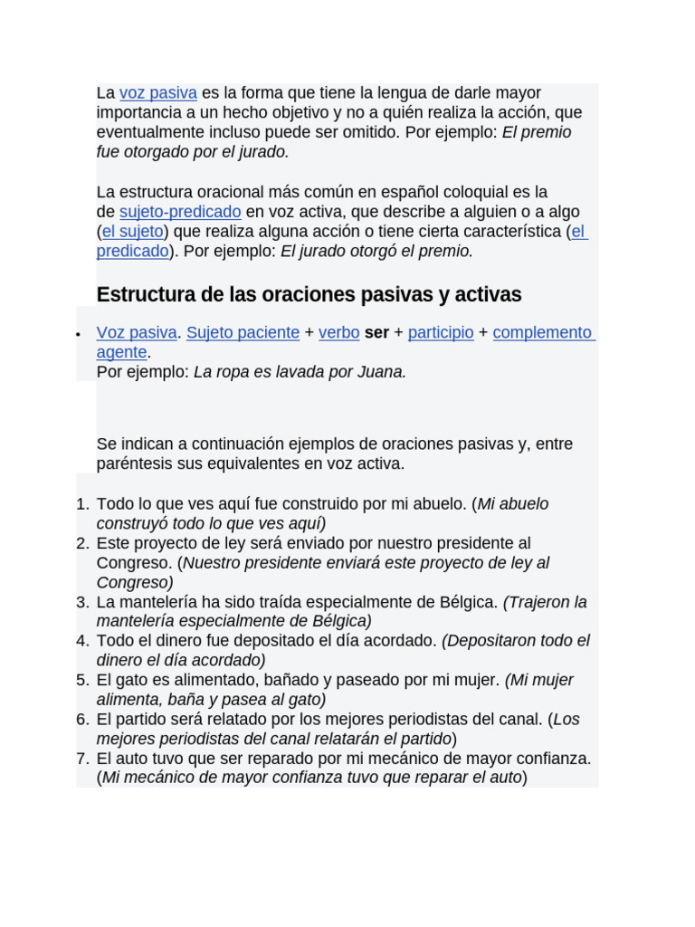 Estructura de la voz pasiva en español | PDF | Objeto (gramática ...