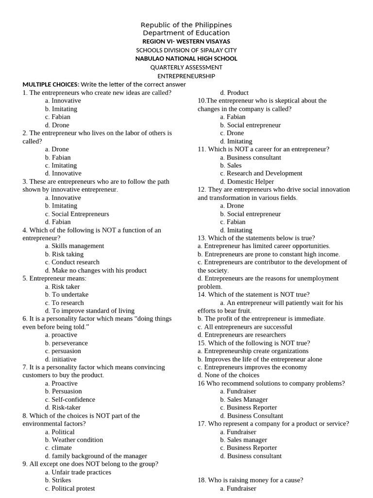ENTREP Assessment 2023 | PDF | Entrepreneurship | Marketing