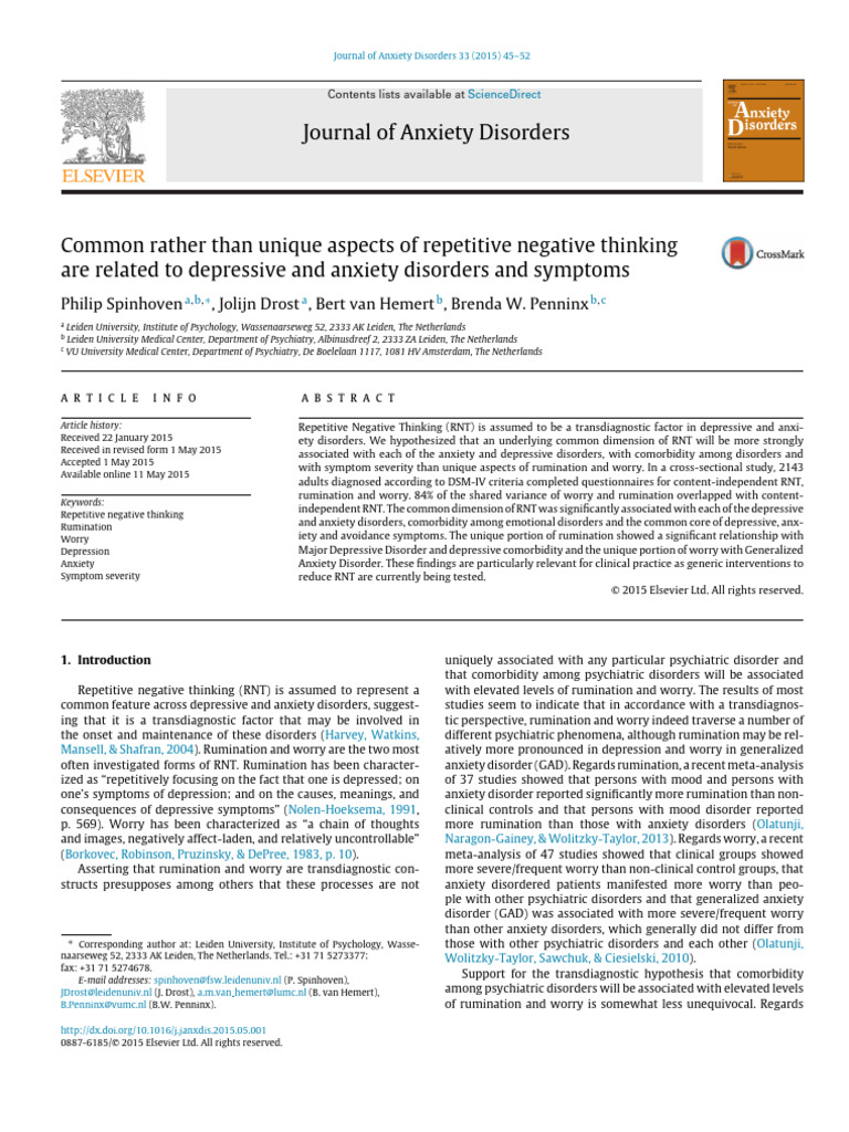 Common Rather Than Unique Aspects of Repetitive Negative Thinking Are ...
