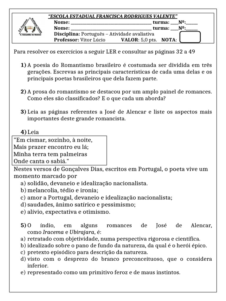 Atividades de Literatura - 2º Ano Ensino Médio | PDF | Romantismo