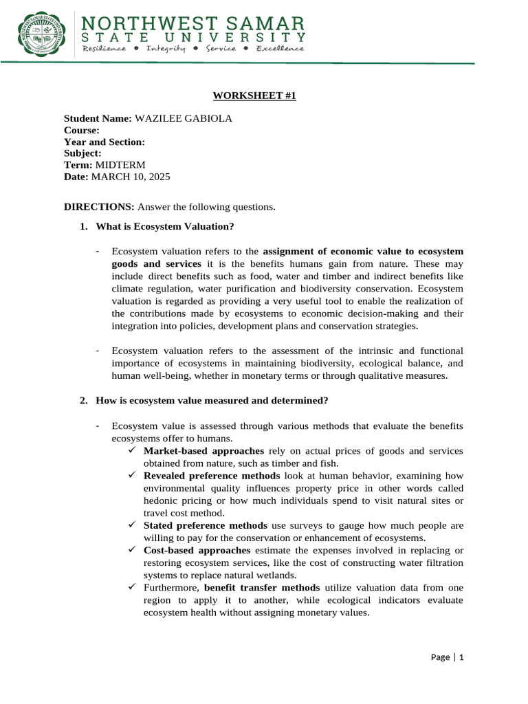 Worksheet1 Gabiola Wazilee | PDF | Valuation (Finance) | Conservation ...