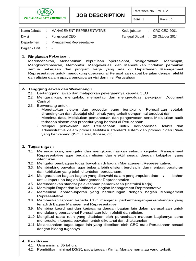 Deskripsi Jabatan Management Representative | PDF