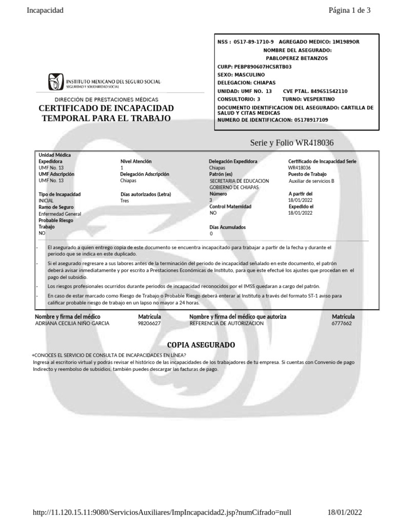 Certificado de Incapacidad Temporal | PDF