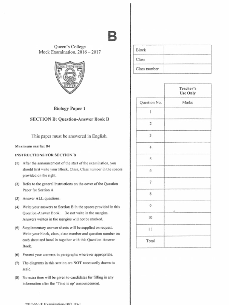 1617 - S6 - MOCK - BIO - Paper 1B | PDF