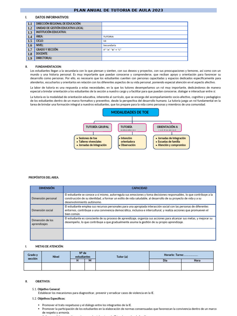 Plan Anual de Tutoría 2023 para Secundaria | PDF | Evaluación | Empatía