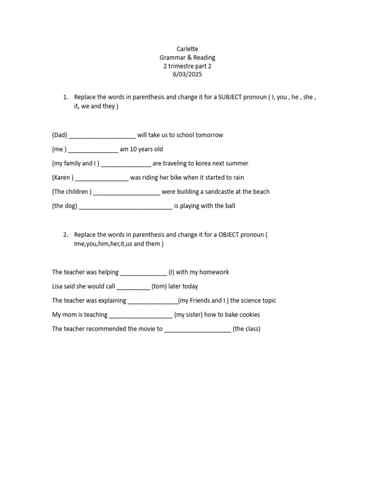 Carlette Grammar & Reading 2trimestre Part 2 | PDF | Linguistics | Grammar