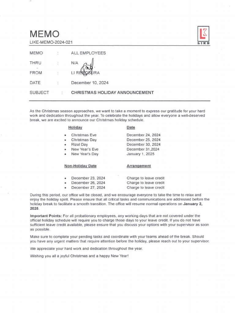 MEMO For Christmas Vacation | PDF