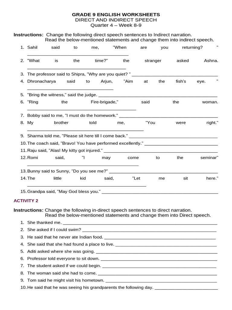 Direct and Indirect Speech Exercises | PDF