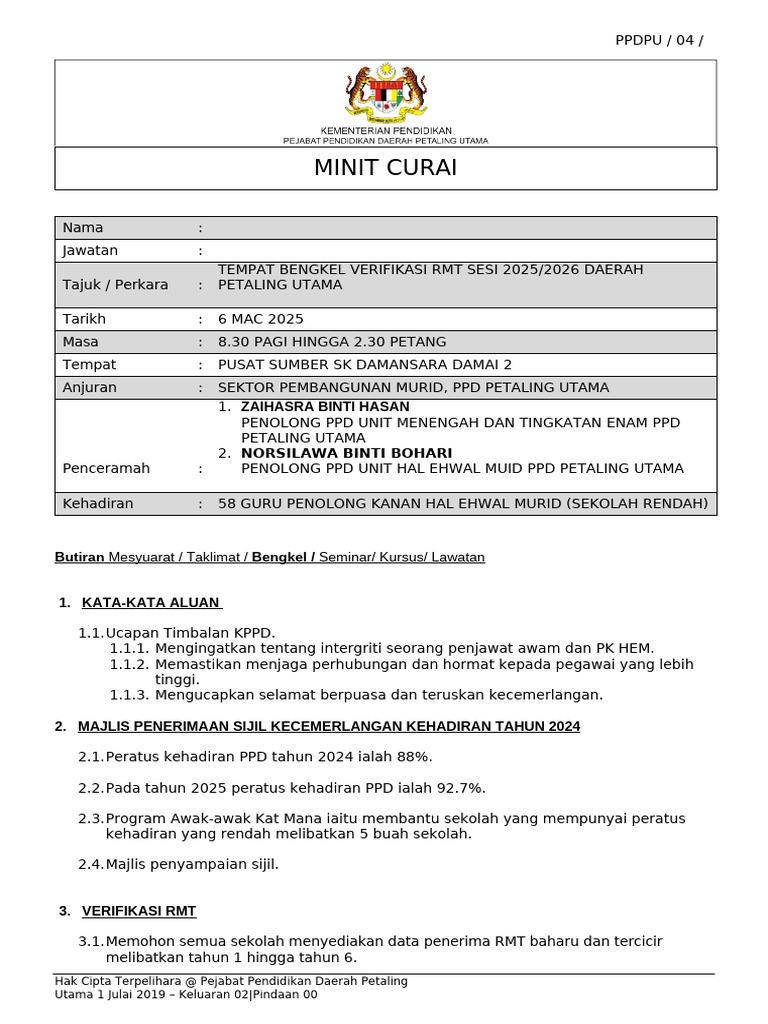 Minit Curai Bengkel Verifikasi PPD Petaling Utama 2024 | PDF