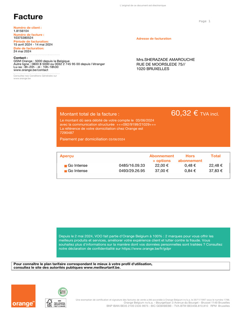 Facture Orange Belgique - Mai 2024 | PDF | Facture | Télécommunications