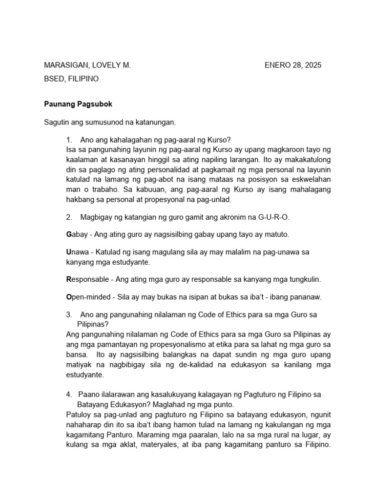 Paunang Pagsubok | PDF