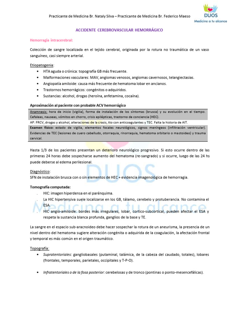 Manejo del ACV Hemorrágico Cerebral | PDF | Carrera | Enfermedades y ...