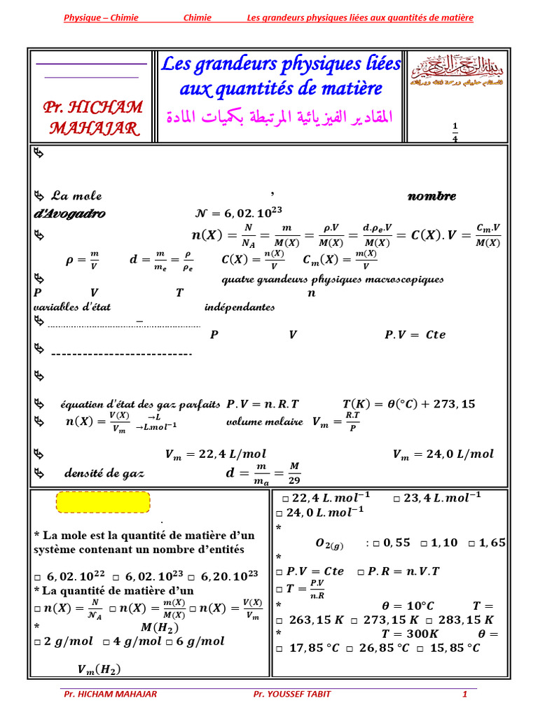 Grandeurs physiques en chimie 1er Bac | PDF | Café | Chimie
