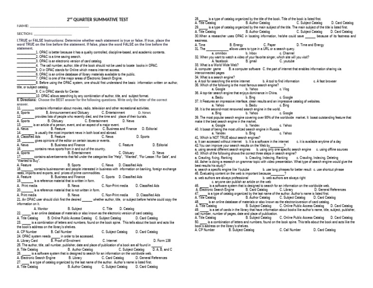 OPAC and Search Engine Test Questions | PDF | Libraries | Books