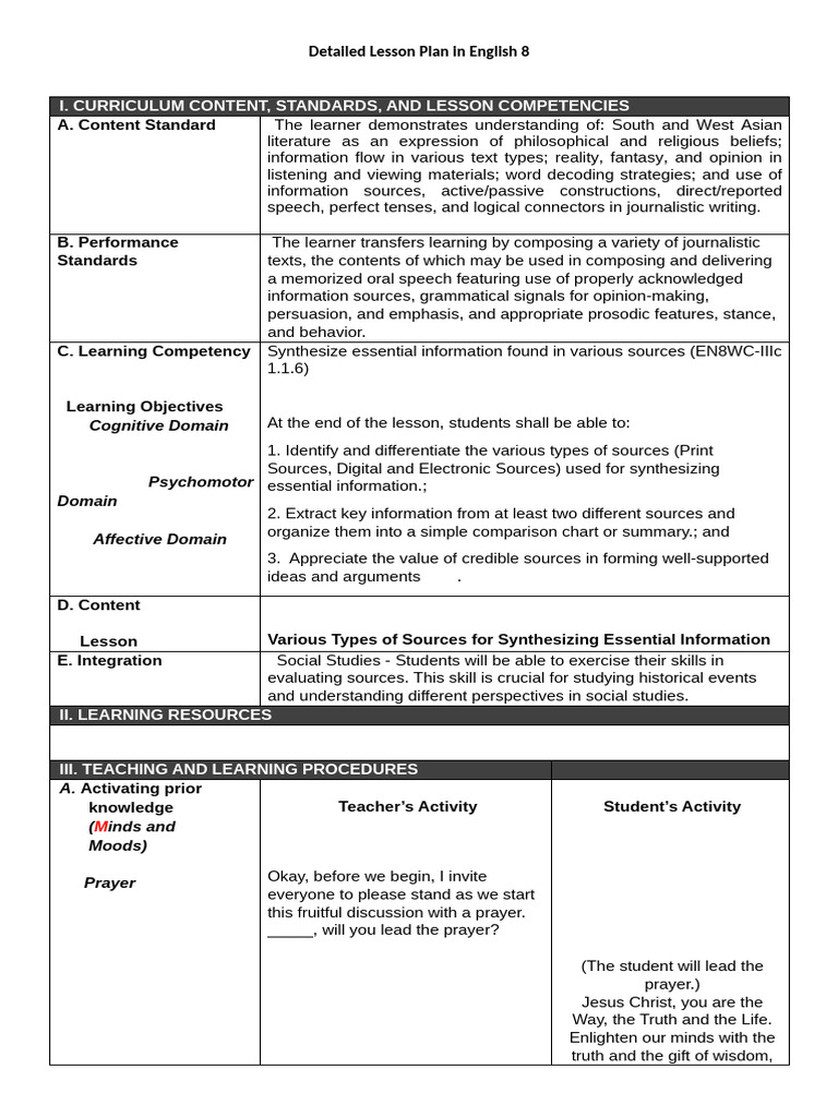 Lesson Plan: Synthesizing Sources in English 8 | PDF | Learning ...