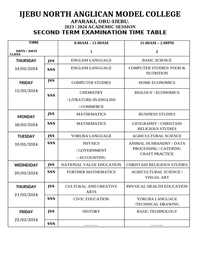 Grade 9 & SSS Second Term Exam Timetable | PDF