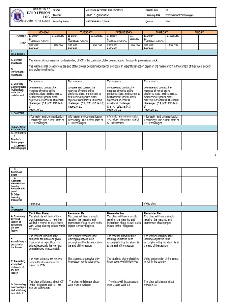 Grade 11 Empowerment Tech Lesson Plan | PDF | Educational Technology ...