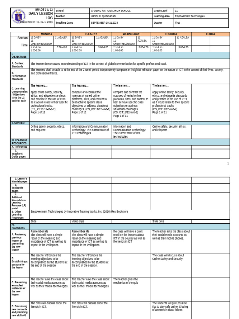 Grade 11 Empowerment Tech Lesson Plan | PDF | Educational Technology ...
