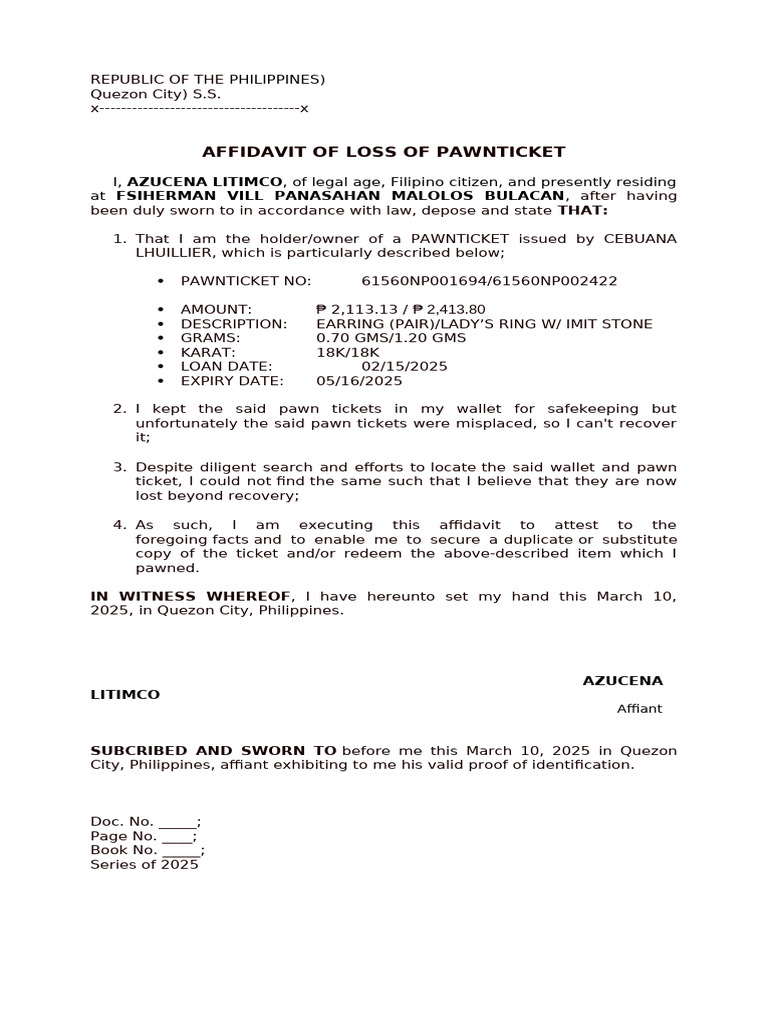 Affidavit of Lost Cebuana Pawnticket | PDF