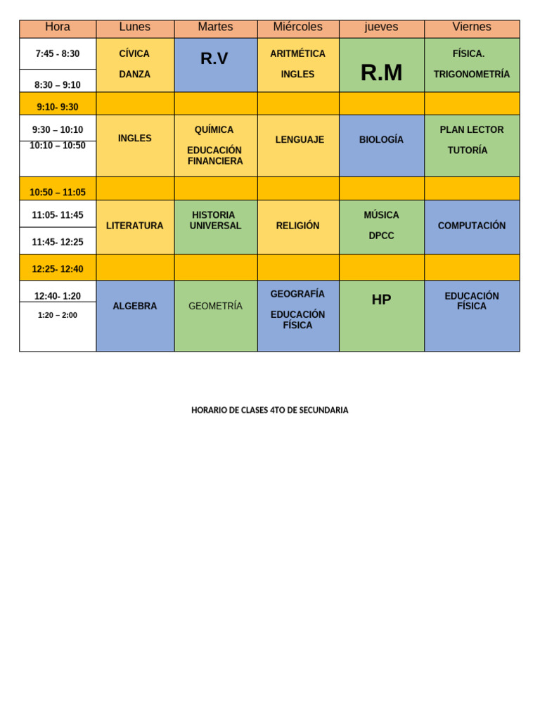 Horario de Clases TUTORIA 4 TO SEC ACTUALIZADO 2025 | PDF