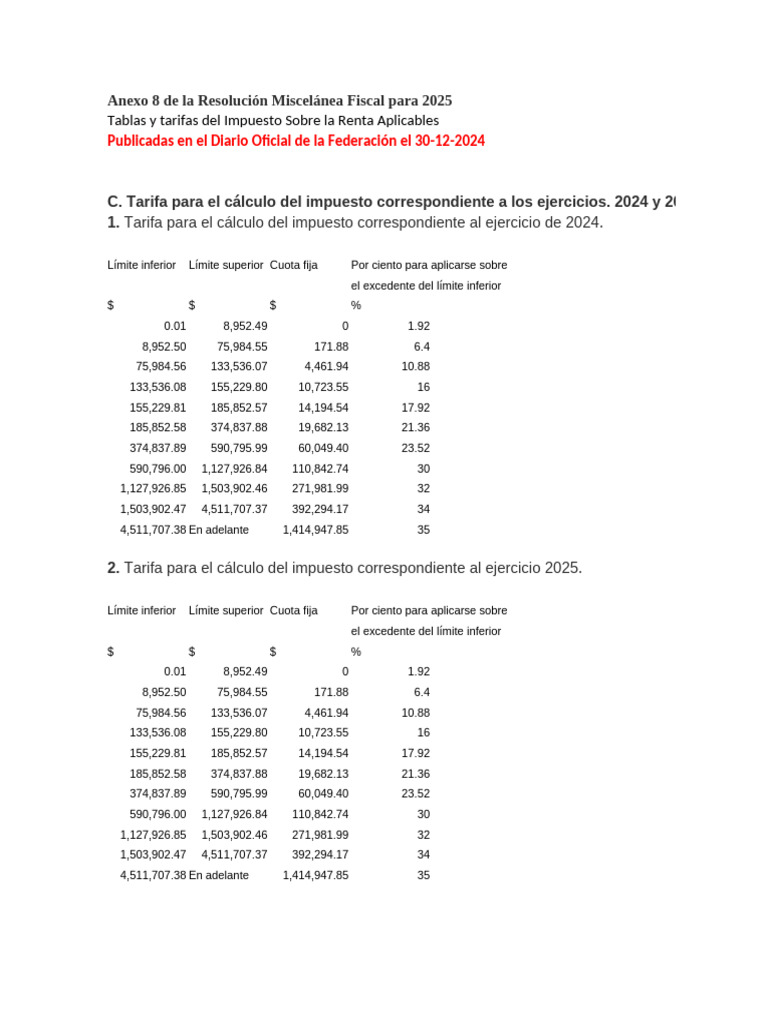 Tablas y Tarifas ISR 2025 PDF Impuesto sobre la renta Impuestos