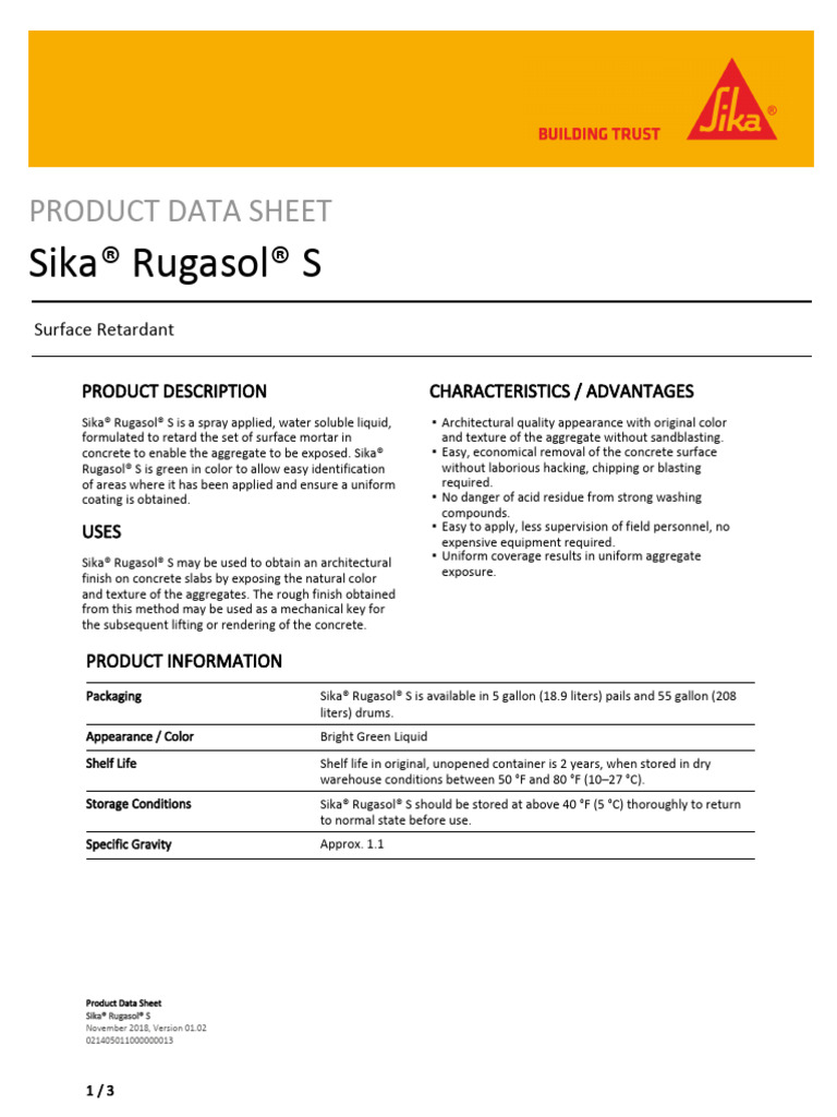 Sika® Rugasol® S Product Data Sheet | PDF | Concrete | Materials
