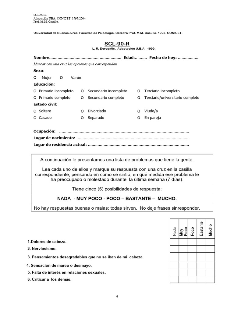 Evaluación SCL-90-R: Cuestionario de Salud Mental | PDF