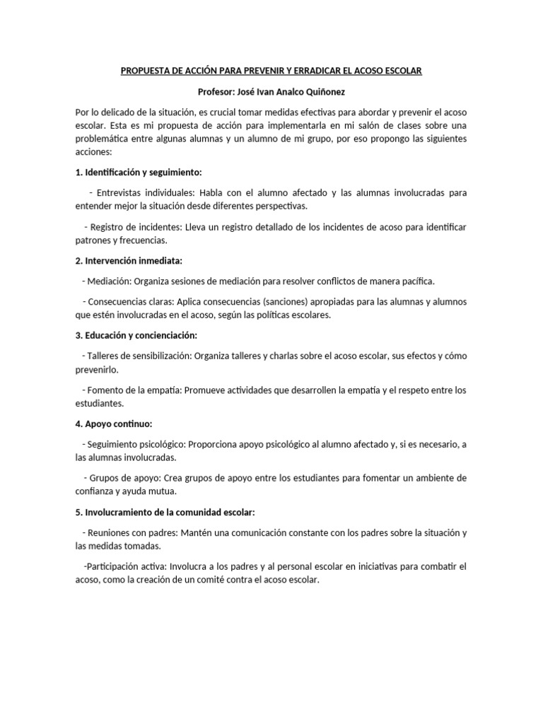 Propuesta de Accion para Prevenir y Erradicar El Acoso Escolar | PDF