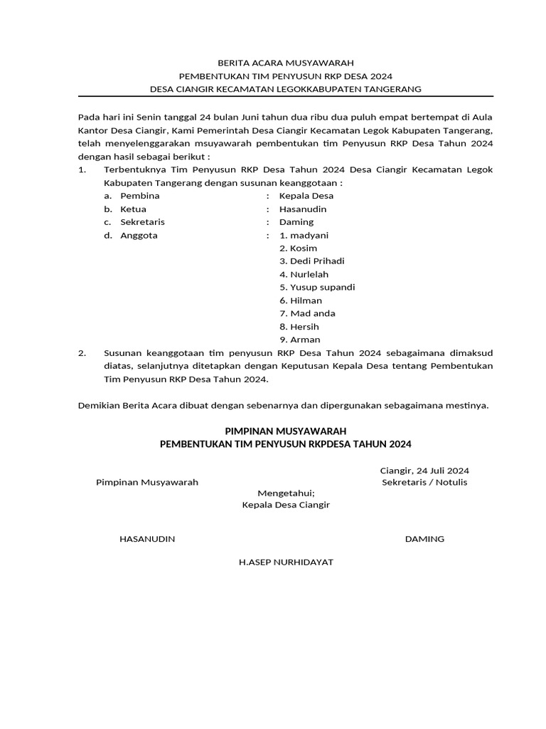 Pembentukan Tim RKP Desa Ciangir 2024 | PDF