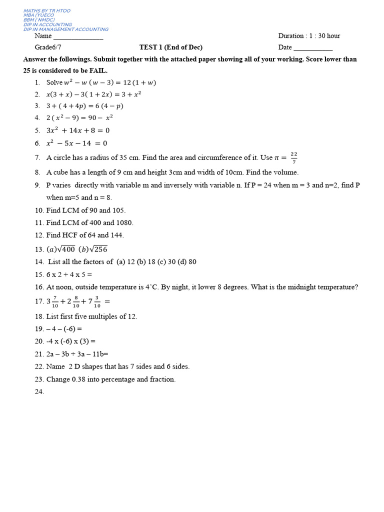 Grade 6-7 Maths Test Questions | PDF