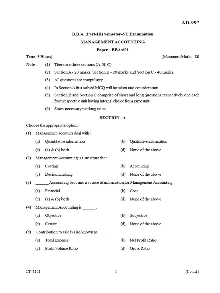 Management Accounting Exam Paper BBA/601 | PDF | Cash Flow Statement ...