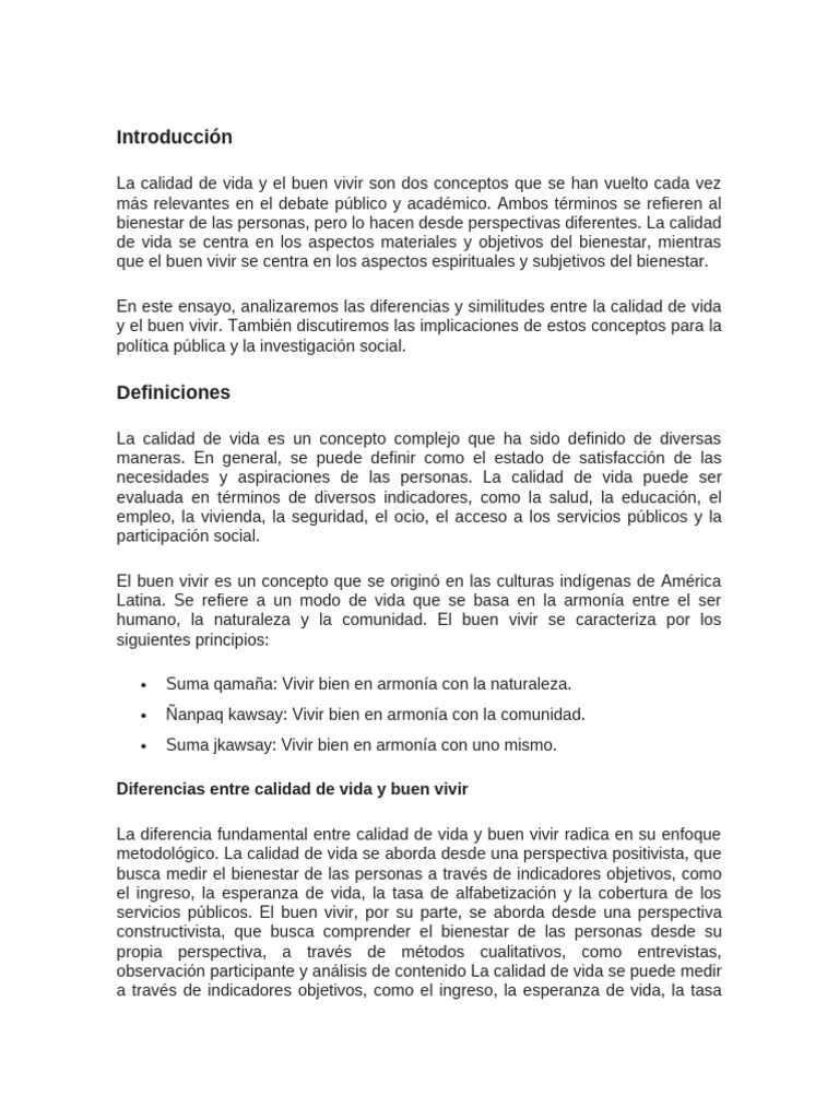 Calidad de Vida vs. Buen Vivir: Análisis Comparativo | PDF | Bienestar ...