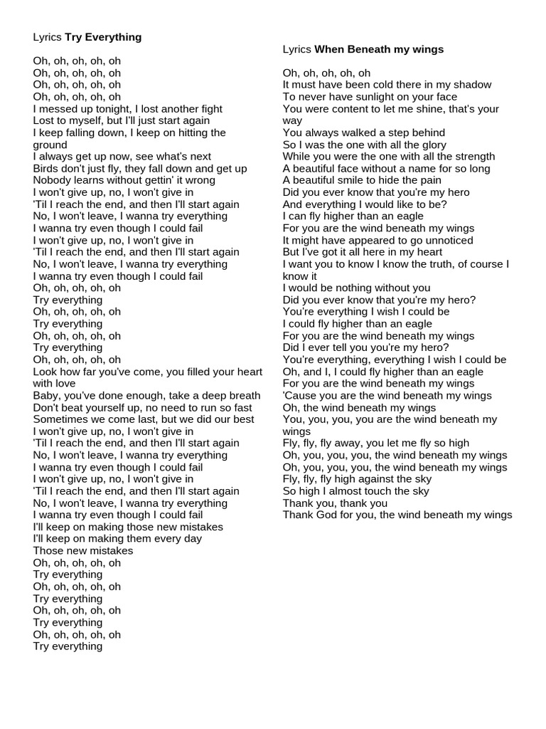 Try Everything - Lyrics by Shakira | PDF