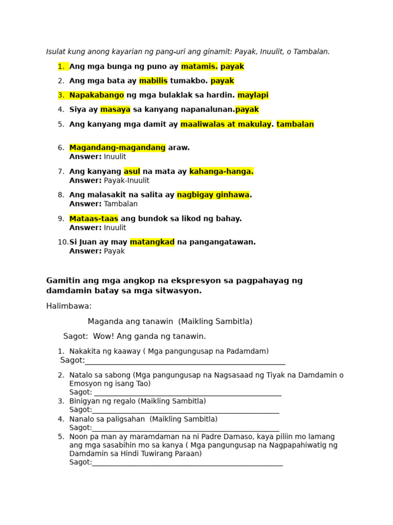 Kayarian NG Pang Uri Quiz Filipino 9 | PDF