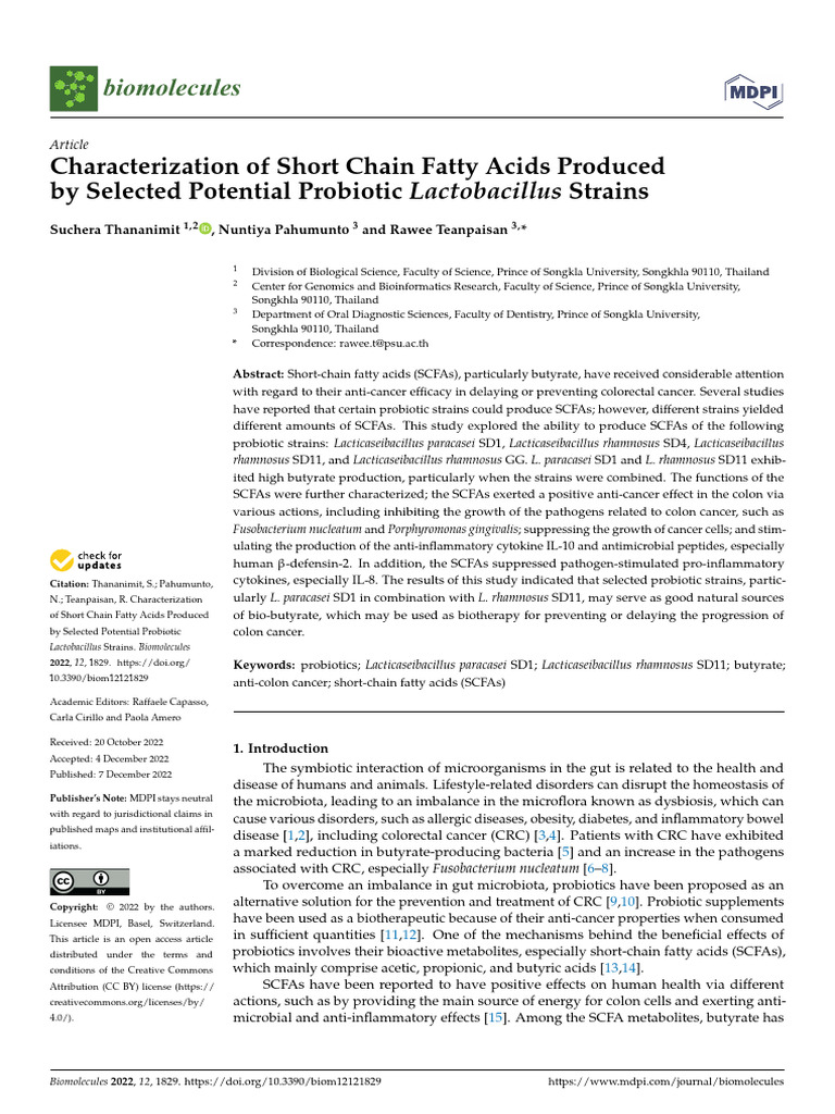 Characterization of Short Chain Fatty Acids | PDF | Lactobacillus | Biology