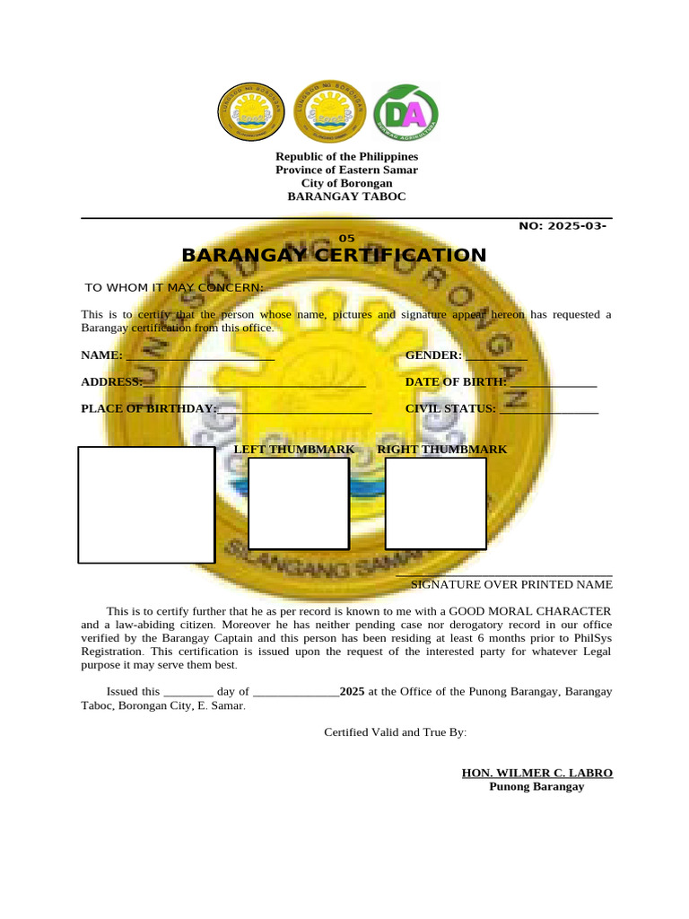Barangay Certification for Legal Purposes | PDF