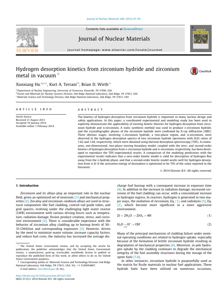 Hydrogen Desorption Kinetics in Zirconium | PDF | Zirconium | Nuclear Fuel
