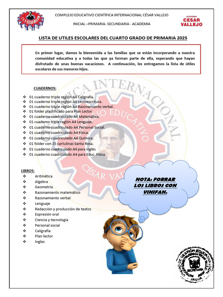 Lista de Utiles Escolares Del Cuarto Grado de Primaria 2025 | PDF