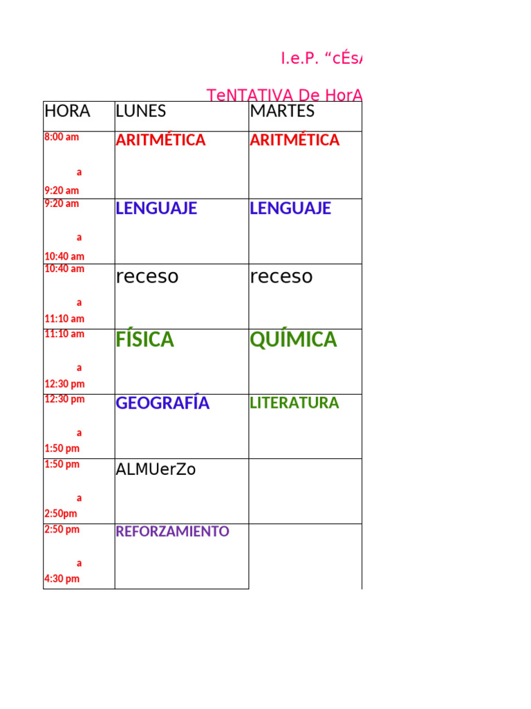 Horario Cuarto Grado 2025 en Español | PDF