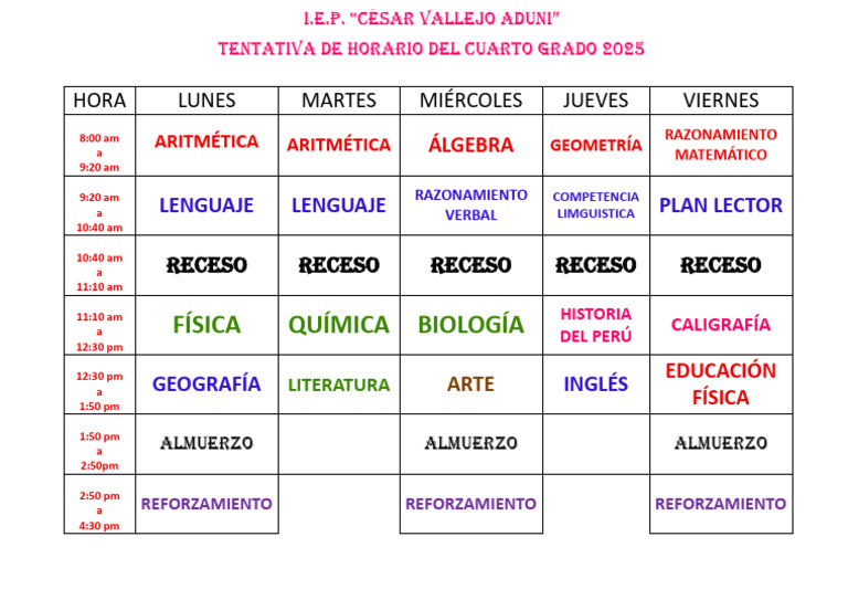 Horario Tentativo Cuarto Grado 2025 | PDF