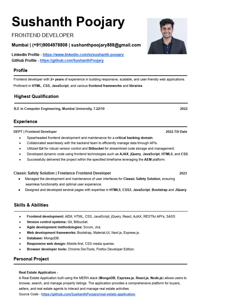 SushanthPoojaryResume 1 | PDF | J Query | Java Script