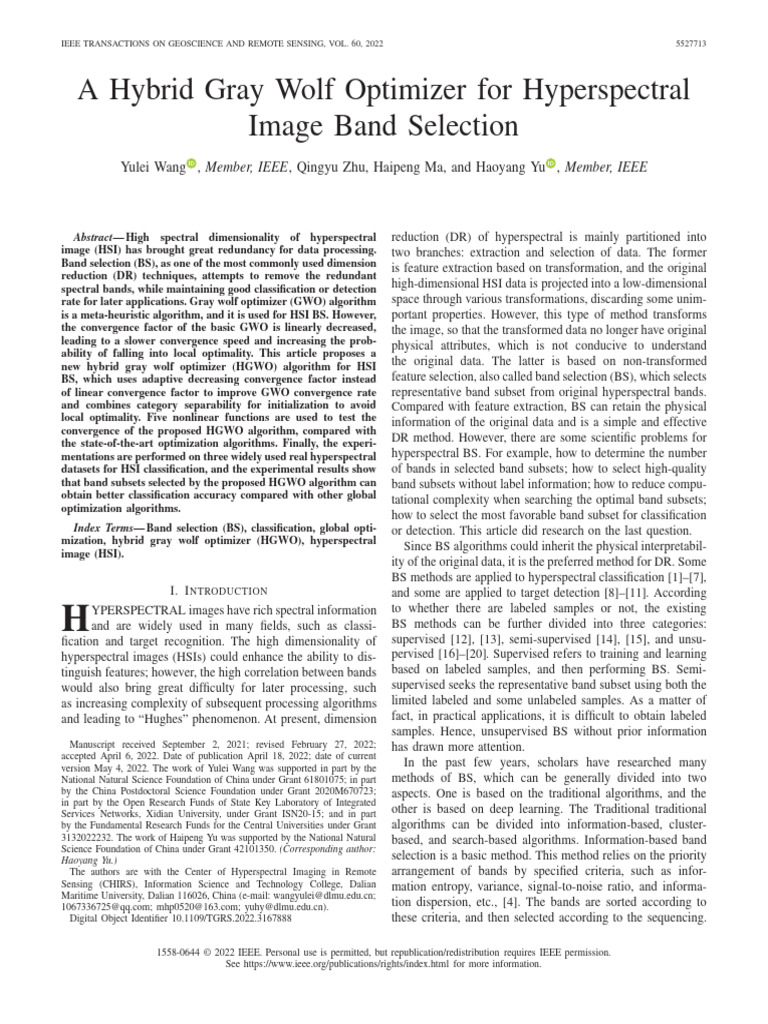 A Hybrid Gray Wolf Optimizer For Hyperspectral Image Band Selection ...