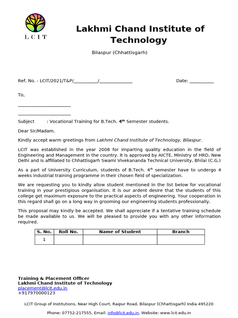 Internship Form - BE IV | PDF
