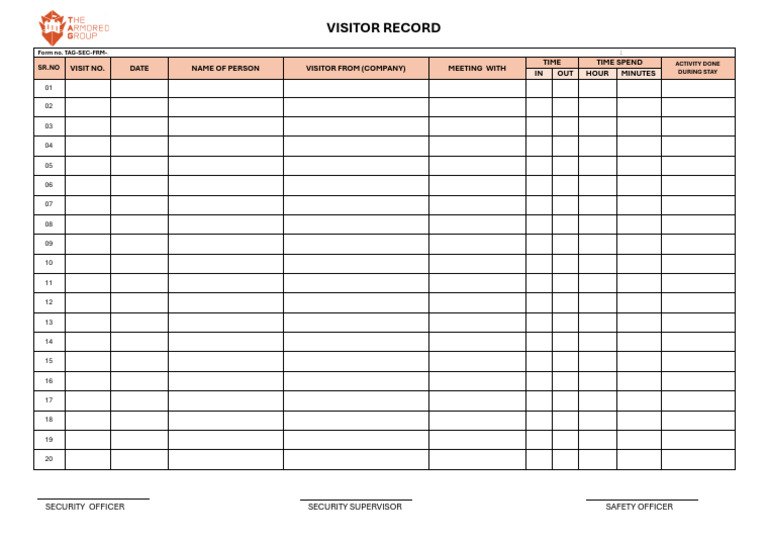 Visitor record form with visitor name, company, host, arrival time, departure time, duration, and signatures