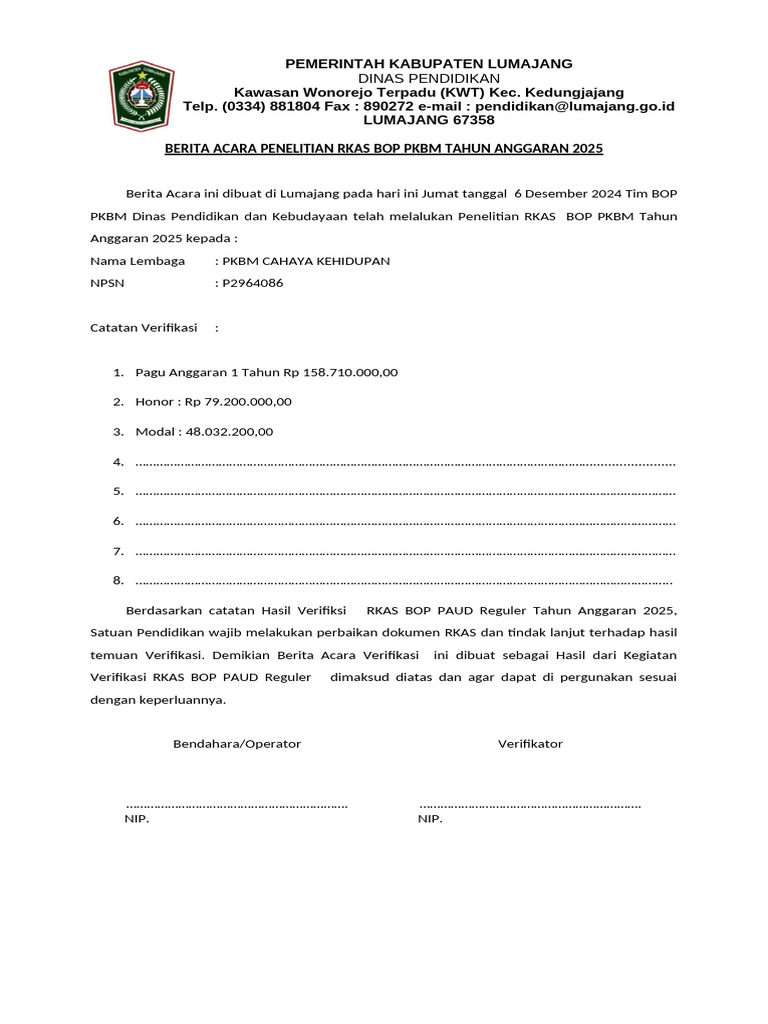 Verifikasi RKAS BOP PAUD 2025 | PDF