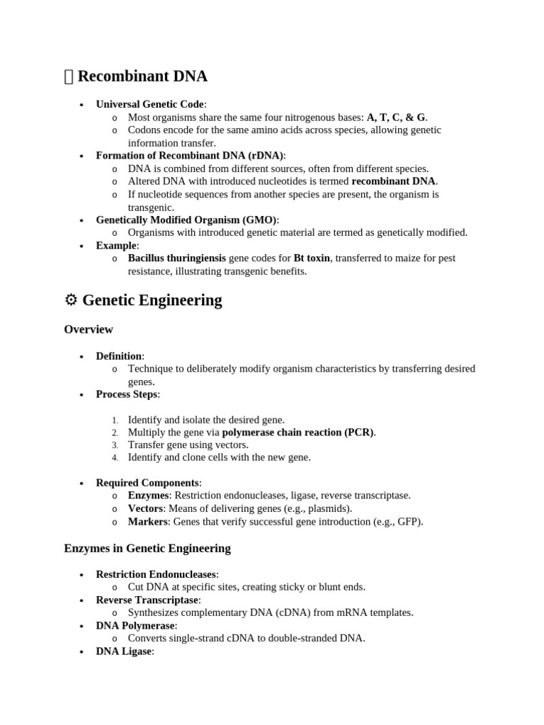 Genetic Engineering and Recombinant DNA Overview | PDF | Genetic ...