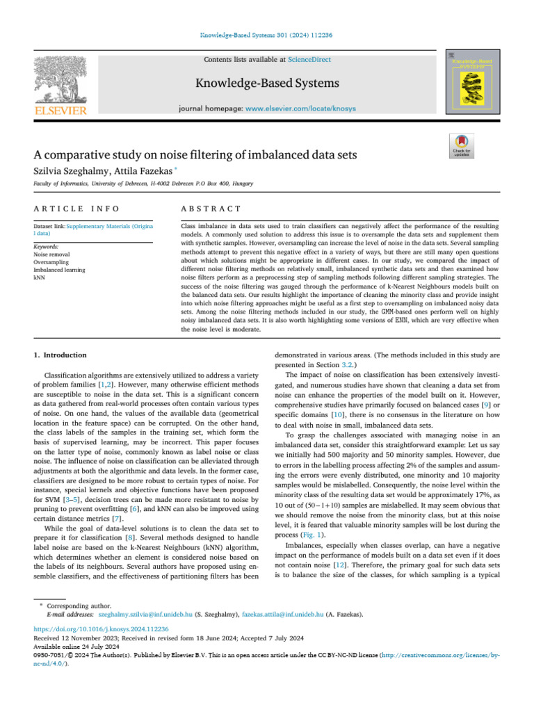 A Comparative Study On Noise Filtering of Imbalanced - 2024 - Knowledge ...