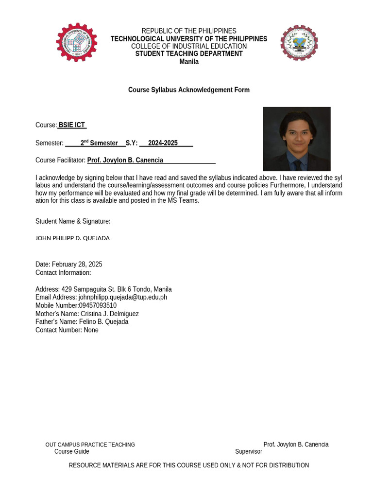 BSIE ICT Course Syllabus Acknowledgement | PDF