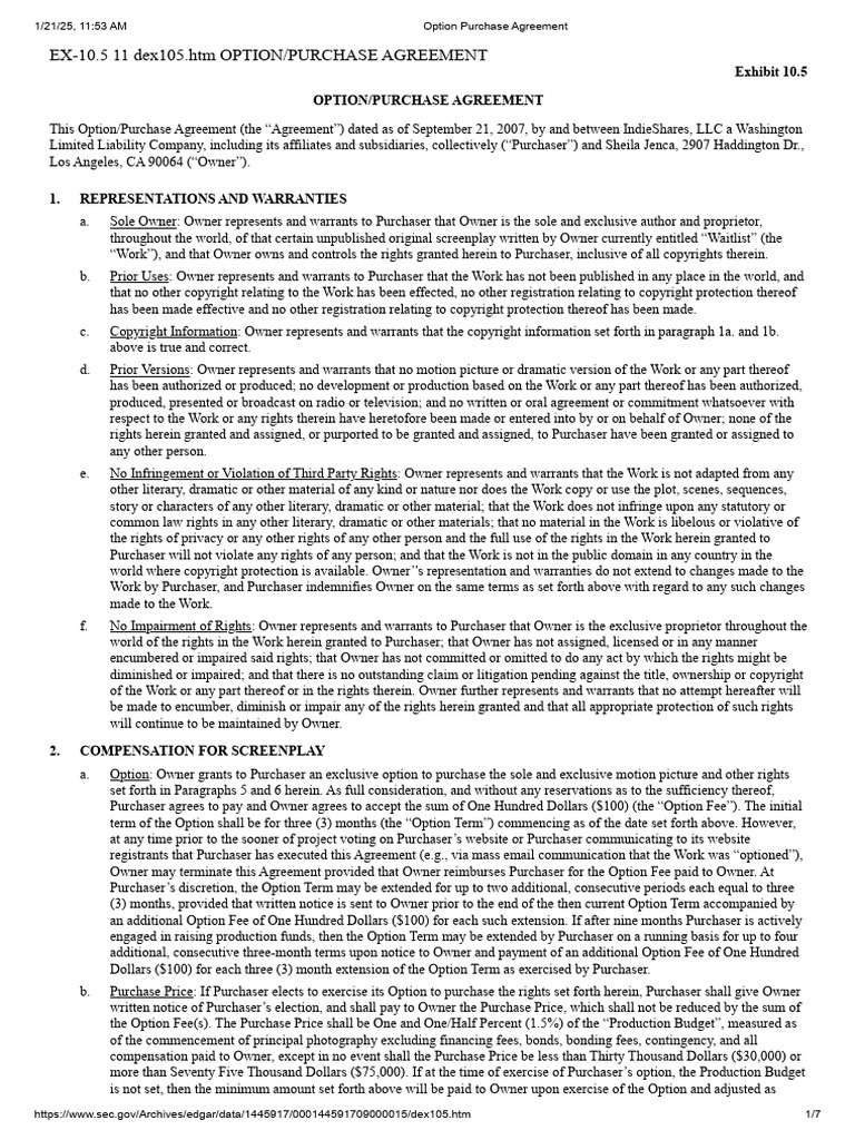 Option Purchase Agreement Overview | PDF | Indemnity | Copyright