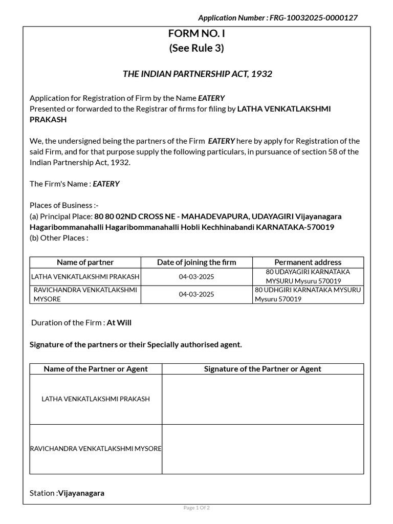 Partnership Registration Application: EATERY | PDF